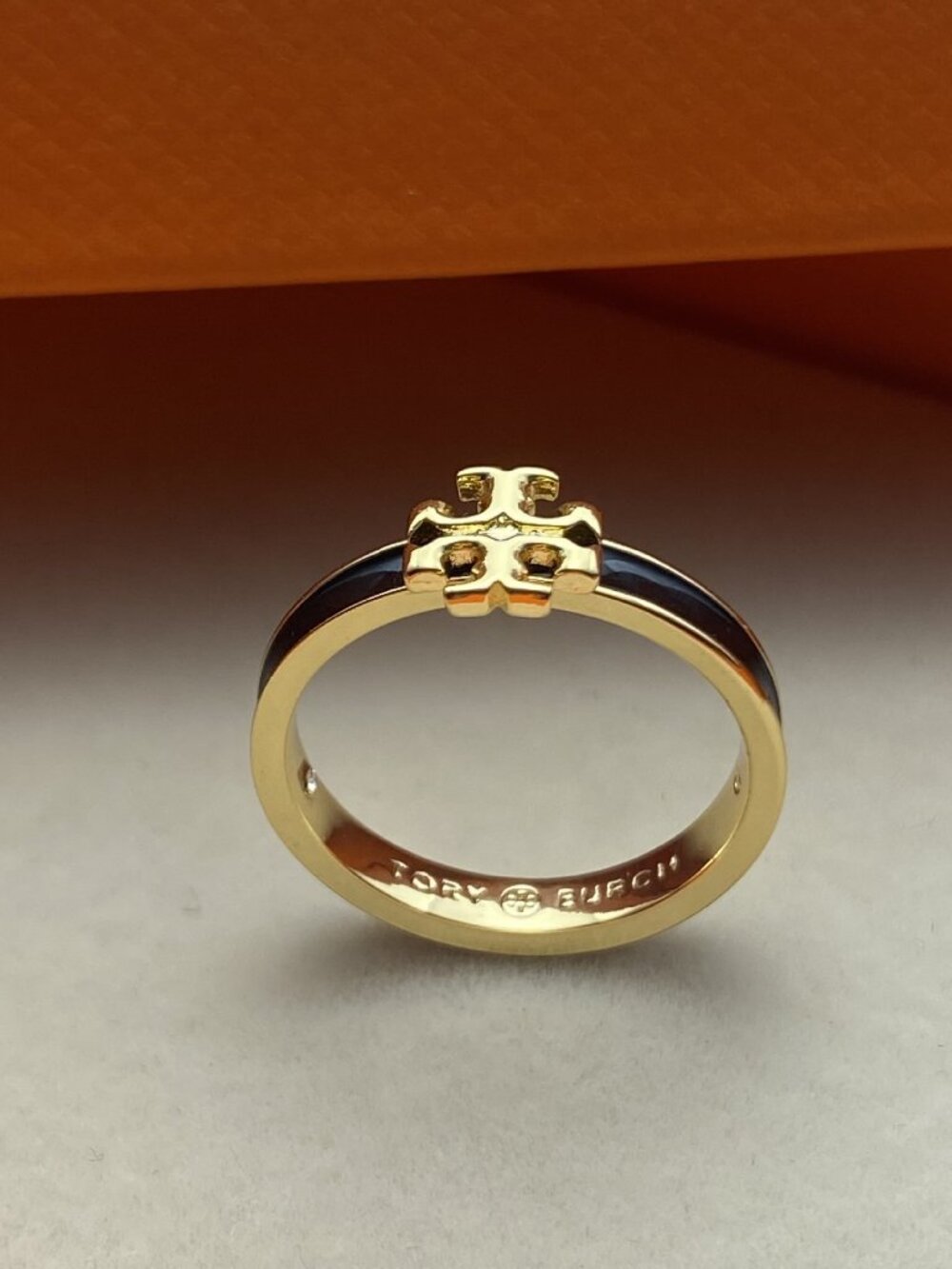 Tory Burch Black Enamel Gold Logo Thin Band Ring